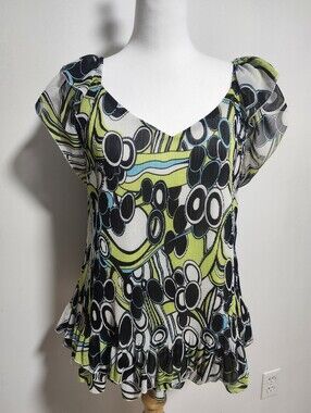 Milano Green Abstract Print Short Sleeve V-Neck Top